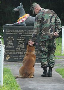 us_navy_061027-n-9662l-048_petty_officer_2nd_class_blake_soller_a_military_working_dog_mwd_handler_pets_the_head_of_his_mwd_rico_at_the_war_dog_cemetery_located_on_naval_base_guam